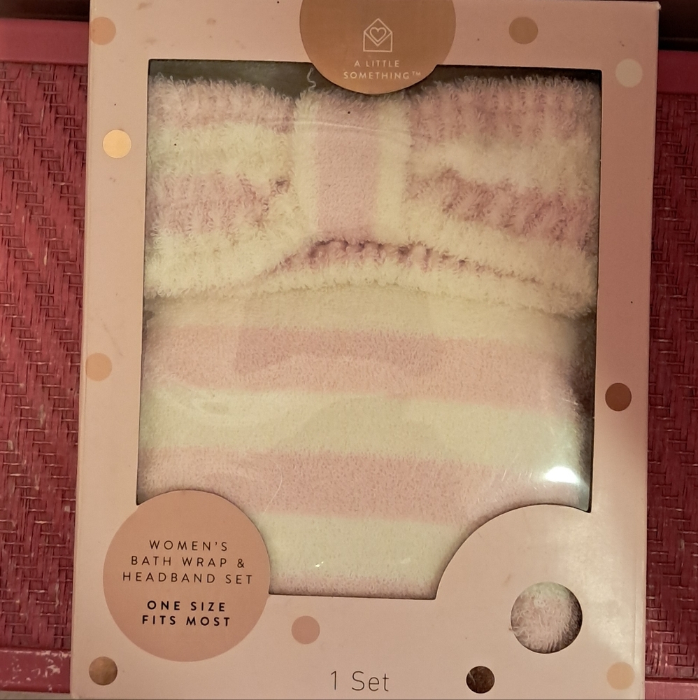 Pink and White Bath Wrap & Headband Set